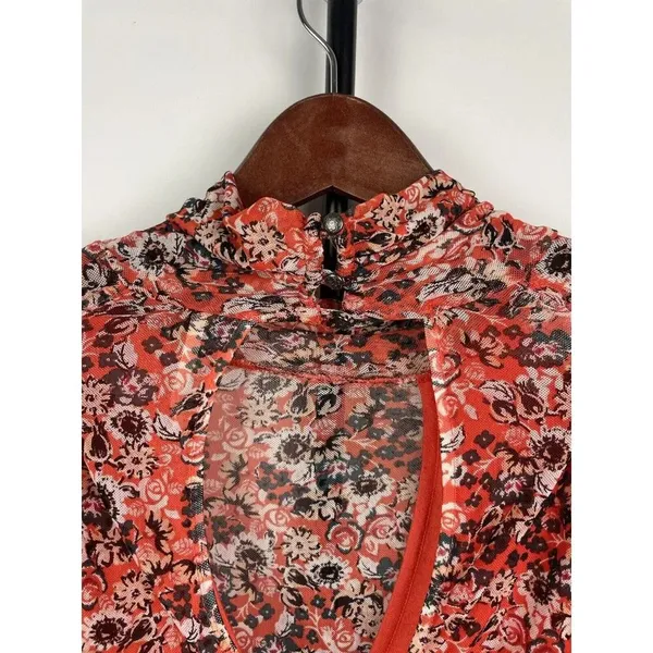 Free People All Dolled Up Mesh Floral Mock Neck Top Blouse Size XS‎ Open Back - Image 11