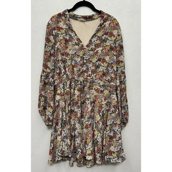 Entro Floral Mini Dress Size Large V-Neck Long Sleeve Tie Waist Boho Festival - Image 2