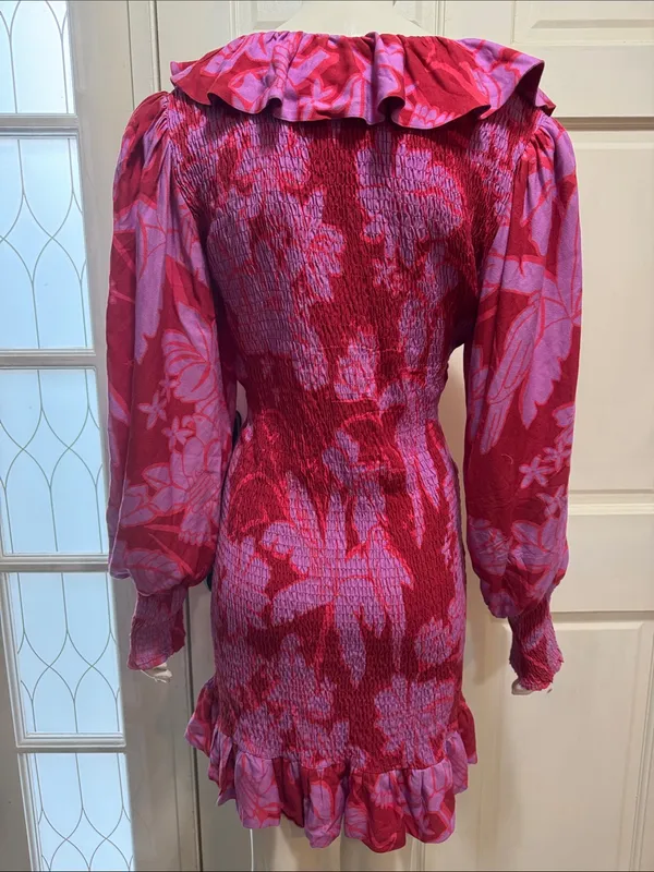 Farm Rio Smocked Floral Ruffle Mini Dress - Pink/Red - Image 11