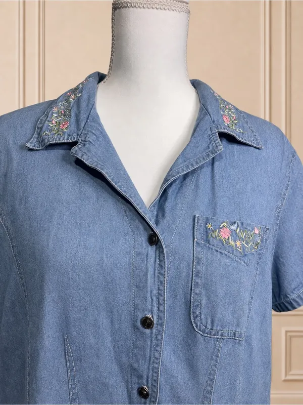 Vntg 1980s Oh! Mamma Maternity Denim Tunic Shirt L Floral Embroidered Maternity - Image 2