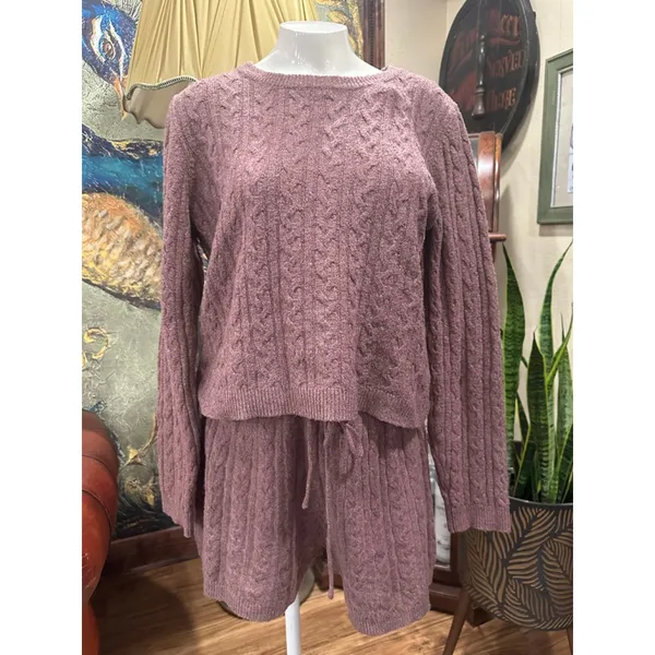 Pink Rose Boho Cable Knit Sweater & Shorts Lounge Set Mauve Pink Large NWOT - Image 3
