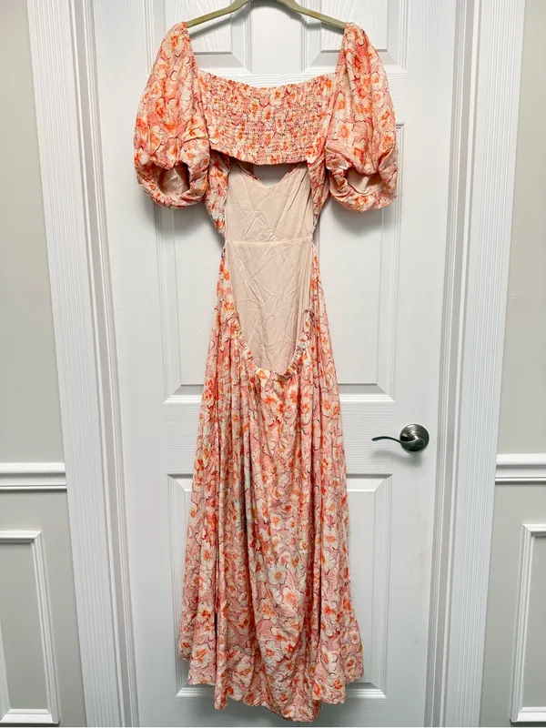 ASTR the Label Floral Maxi Dress‎ Open Back Puff Sleeve Pink XL - Image 3