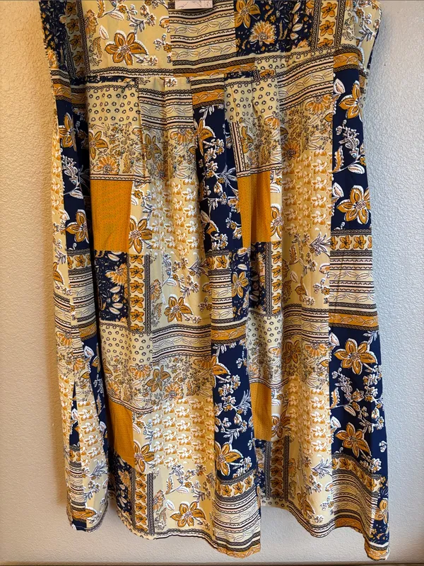 NEW! EMERY ROSE Boho Patchwork Swing Dress Mini Yellow Navy Blue Floral LARGE - Image 4