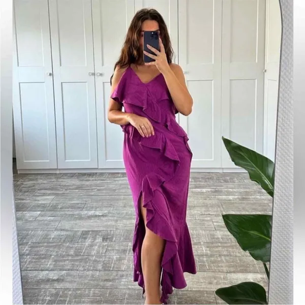 NWT ZARA LINEN BLEND RUFFLED SLIP DRESS in purple. Size Large - Image 2