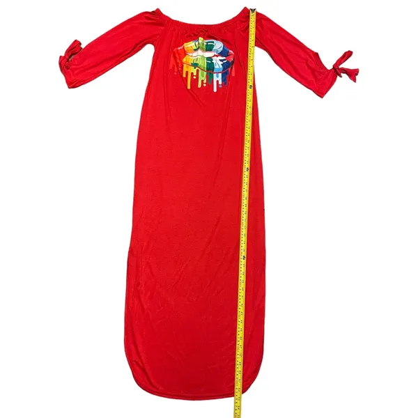 Red Rainbow Lips Off Shoulder Maxi Dress Size Medium - Image 2