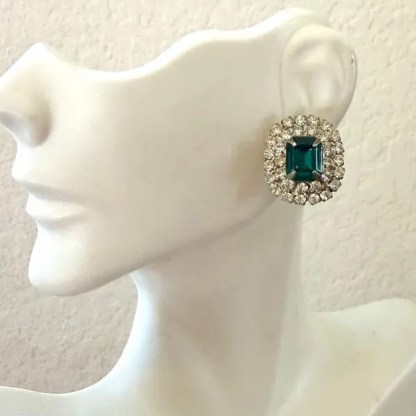 Vintage Emerald Cut Green Rhinestone Halo Stud Earrings - Image 5