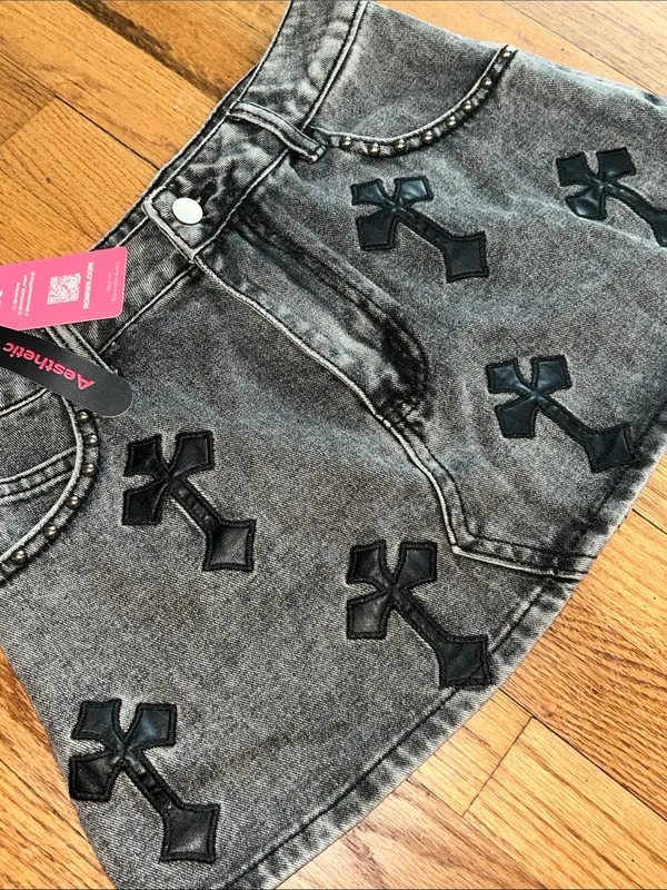 Romwe Gray Denim Mini Skirt with Black Cross Appliqués Medium NWT - Image 2