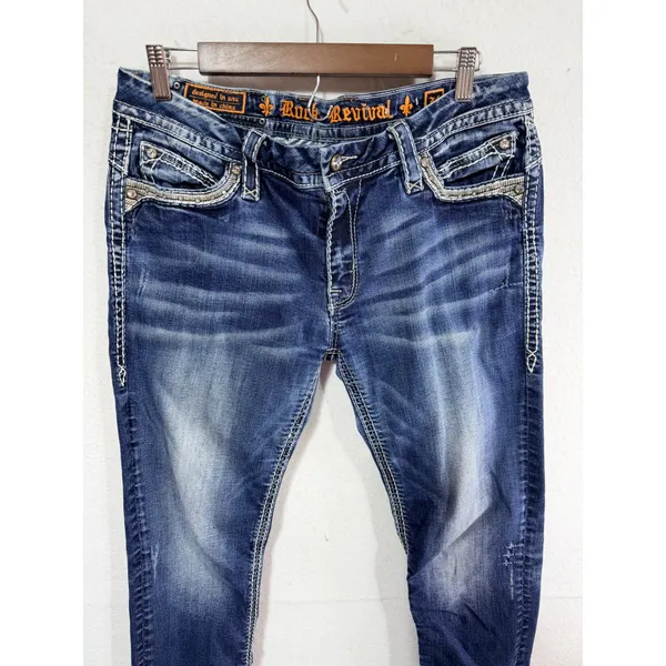 Rock Revival Mel Ankle Skinny Jeans Women's 34 Blue Embellished Boho Cotton - Image 5