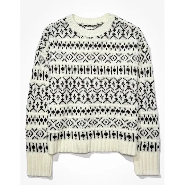 AMERICAN EAGLE Outfitters Fairisle Crew Neck Sweater Black White Fair Isle Small - Image 10