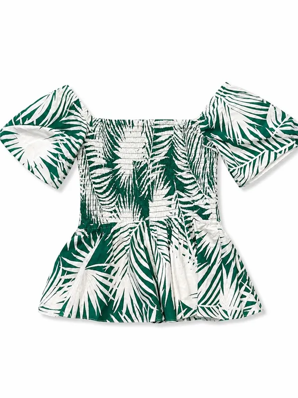 Milly Peplum Top Womens Large‎ Green White Palm Leaf Puff Sleeve Smocked - Image 3