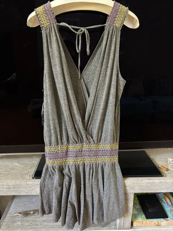 Gray V-Neck Swim Coverup dress with Smocked Waist - Image 4