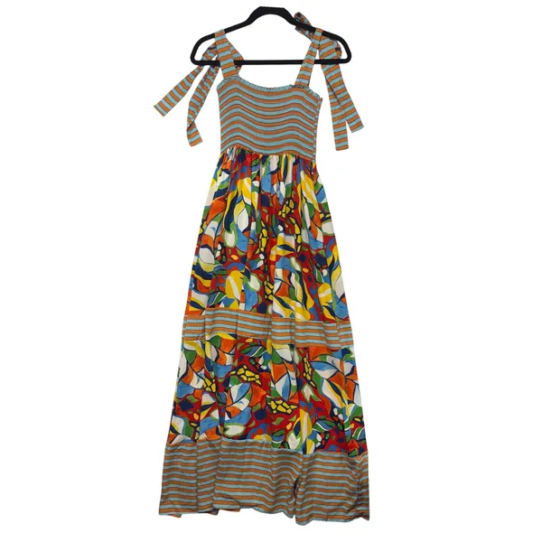 Bucketlist Abstract Floral Smocked Maxi Dress Small Multicolor Tie Strap‎ D4142 - Image 2