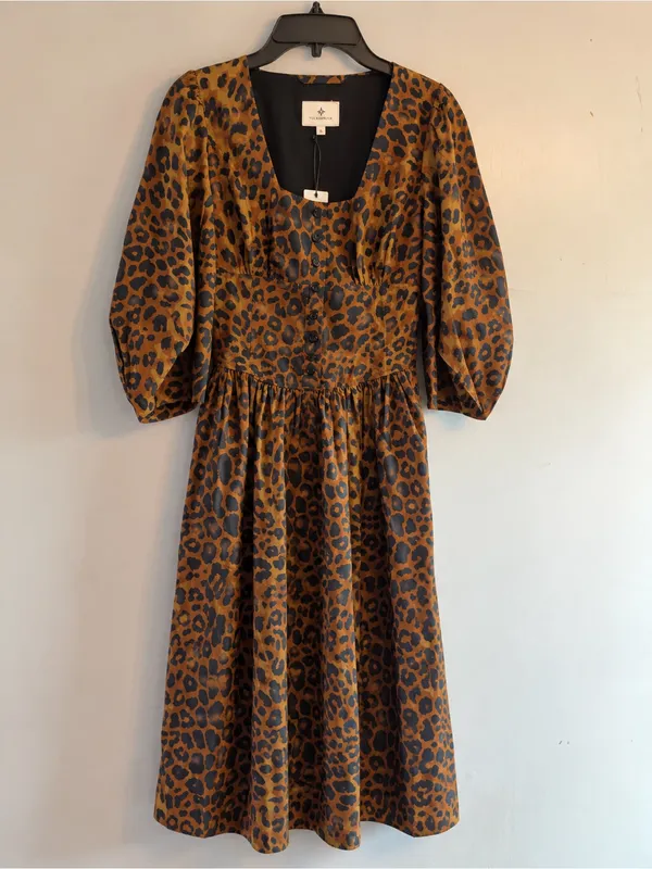 Tuckernuck Leopard Graciela Dress Womens 6 Brown NWT Square Neck Puff Sleeve - Image 5
