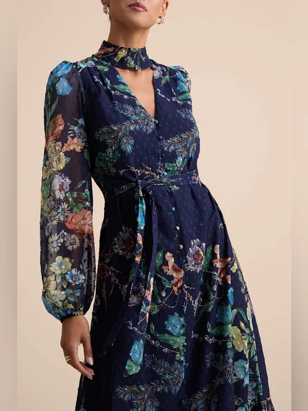 Lulus Fallyn Navy Floral Swiss Dot Long Sleeve Midi Dress Size Medium Tie Waist - Image 3