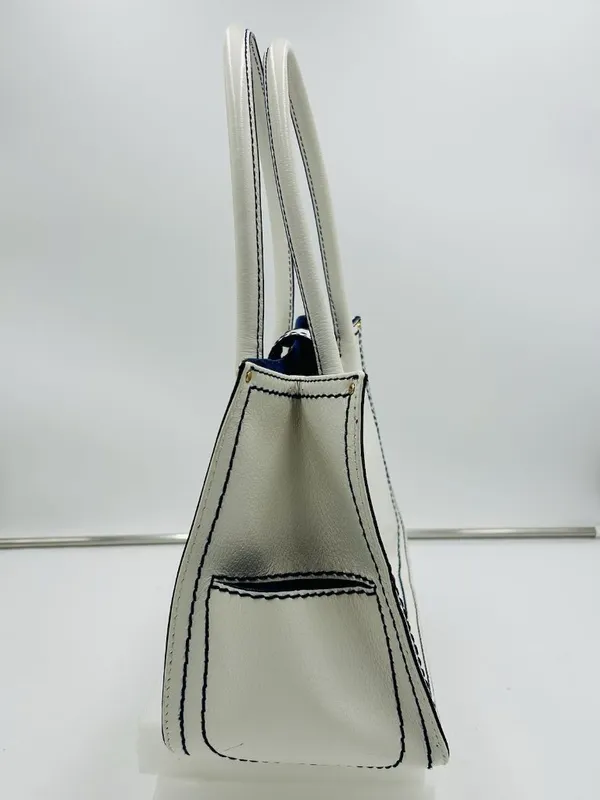 Antonio Melani White Leather Satchel Bag Magnetic Closure Blue Trim - Image 8