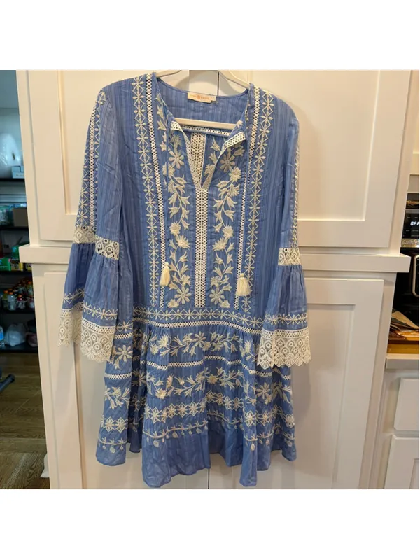 Tory Burch Light Blue Embroidered Crochet Bell Sleeve Tunic Coverup Dress Sz 6 - Image 14
