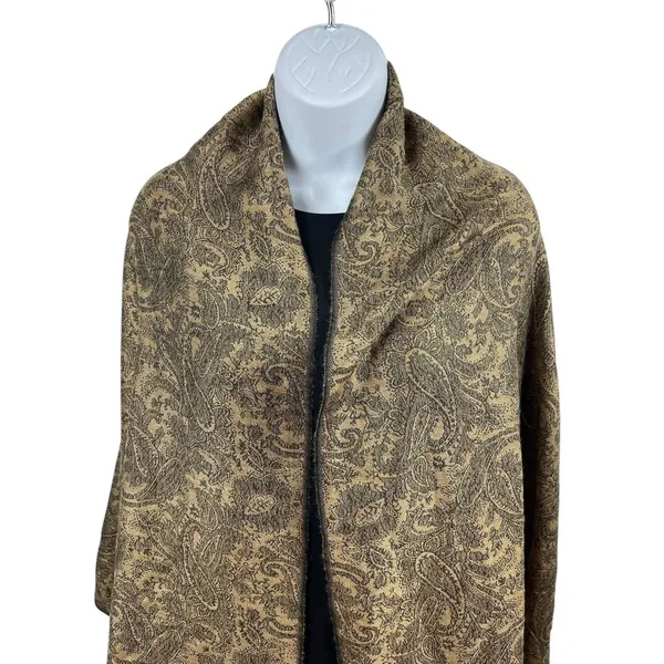 Pashmina Silk Blend Shawl Wrap Scarf Tan Black Paisley Jacquard Fringe Elegant - Image 4