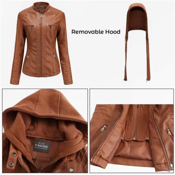 TAGOO Brown Faux Leather Jacket with Removable Hood. - Image 4