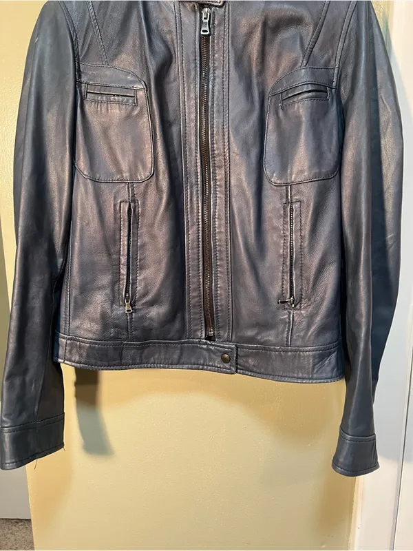 Vera Pelle Women's Size 46 Vegan Leather Jacket Dark Blue Gray Moto Full Zip - Image 3
