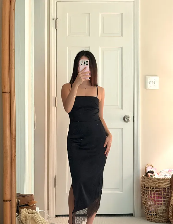 Black Slip Mini Dress with Lace Hem - Image 2