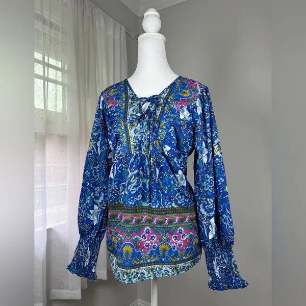 Royal Blue Multicolored Floral Print Double Tie Neck Bishop Sleeve Blouse - Image 3
