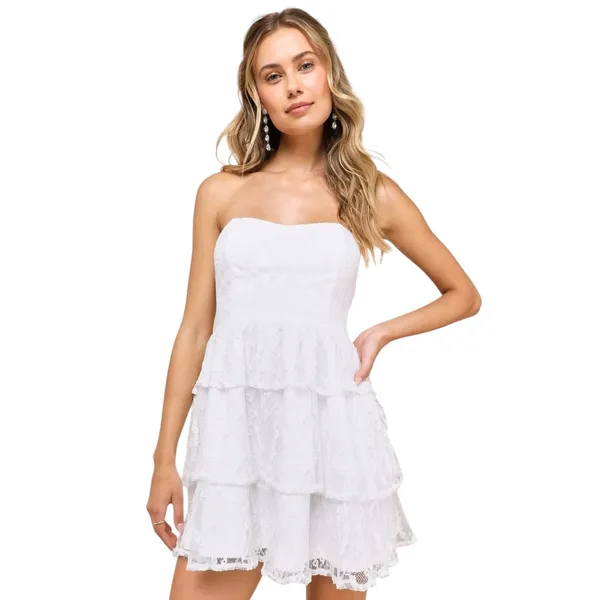 Lulus Sweet Perception White Lace Strapless Tiered Mini Dress size XXS NWT - Image 7