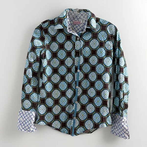 Tizzie Womens Blue contrast medallion geometric fitted stretch button up shirt S - Image 2