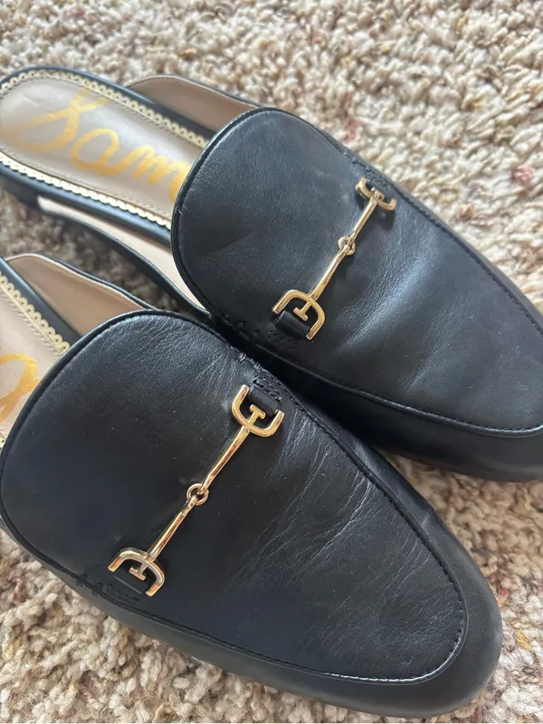 Black Leather Slip-On Mule Loafers with Gold Detail - Image 3