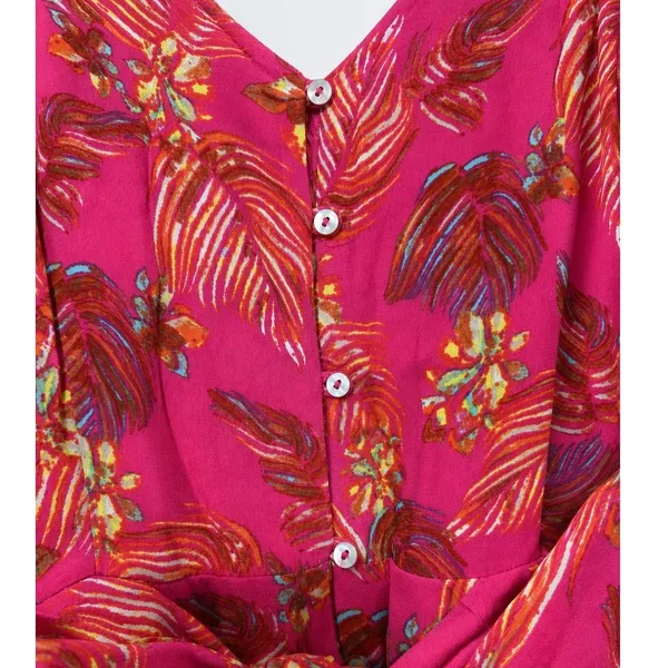 Free People Hot Tropics Jumpsuit Pink Palm Print Wide Leg Tie Front Boho Size 4 - Image 3