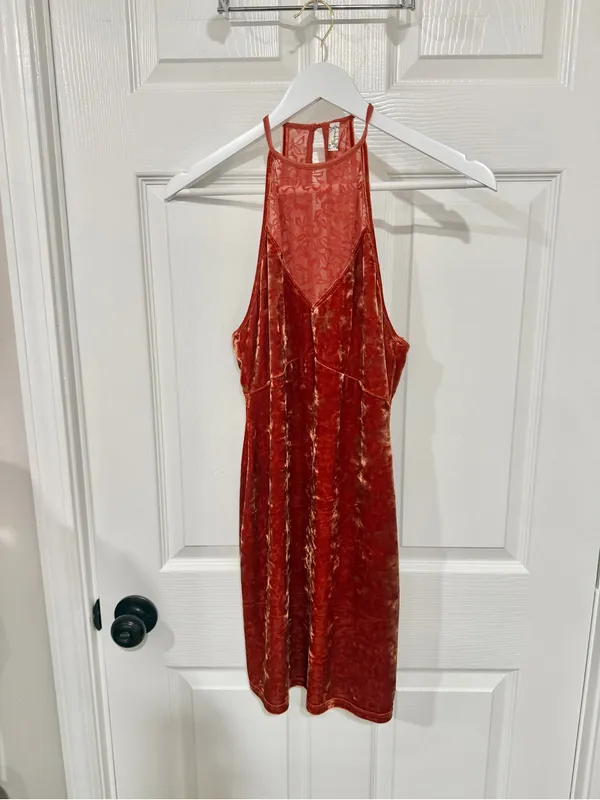 Intimately Free People XS Rust Crushed Velvet Halter Mesh Slip Mini Dress Boho - Image 8