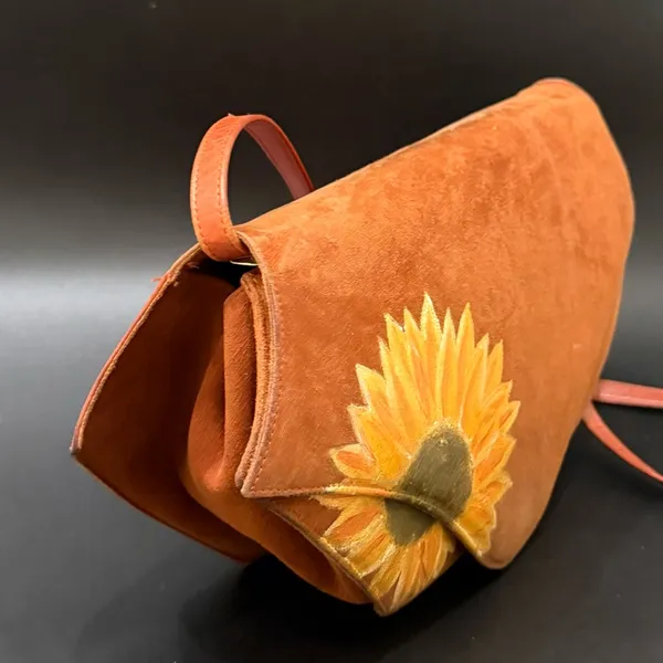 Vintage CHARLES JOURDAN Brown Suede Leather Hand-painted Sunflower Crossbody Bag - Image 4
