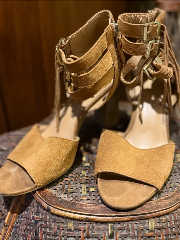 Franco Sarto Cognac Suede Lace-Up Block Heel Sandals - Image 2