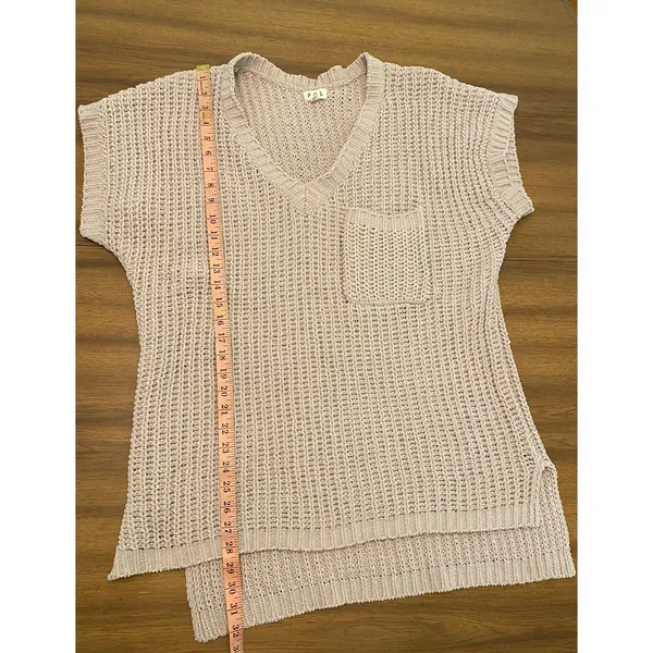 POL Short Sleeve High Low‎ Chenille Sweater Vneck Side Slits Small Lagenlook - Image 5