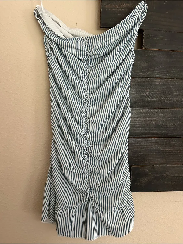 Edikted Gaia Gathered Mini Dress Strapless Striped Ruched Ruffle Hem - Image 5