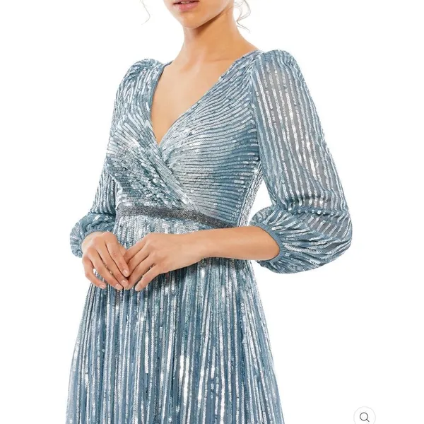 Mac Duggal Size 4 Blue Sequin Wrap Over 3/4 Sleeve Maxi Dress Gown - Image 2