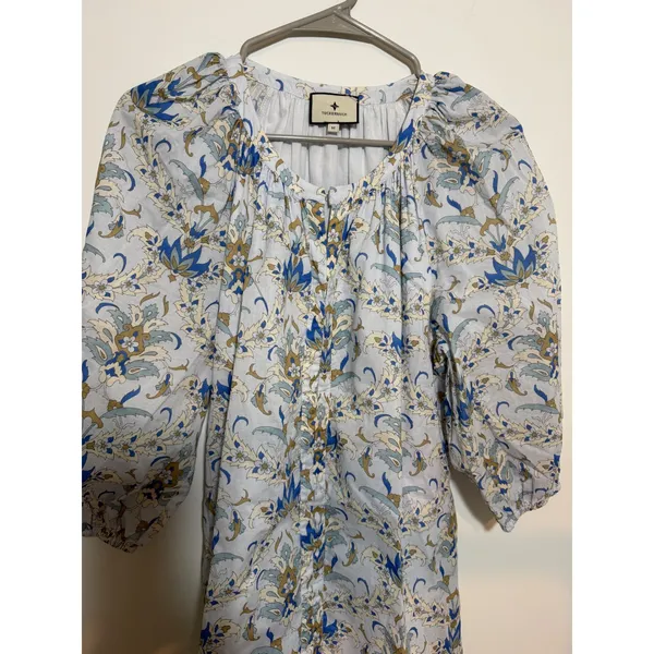 Tuckernuck Dress Womens M Blue White Floral Cotton Puff Sleeve Tiered Midi - Image 2