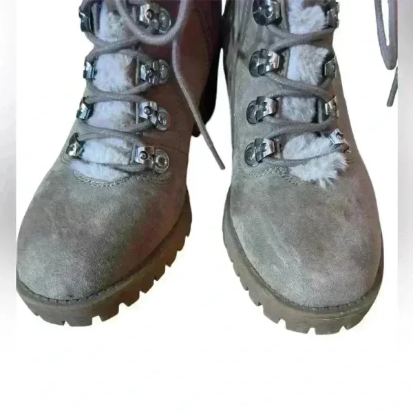 Madden Girl Lace Up Tan Chunky Boots Fur Trim Size 7 Side Zip Hiking 90s Neutral - Image 7