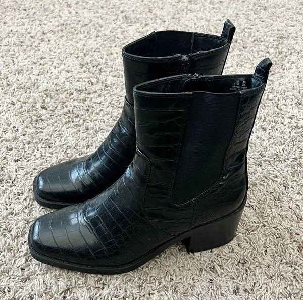 Bleecker & Bond Croc Platform Boots Leather Square Toe Block Heel Black Size 11 - Image 4