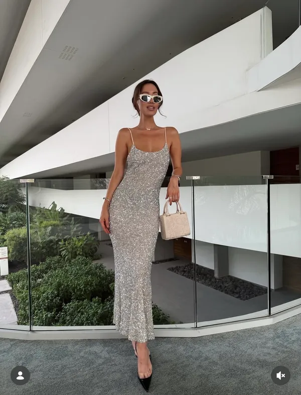 Zara Silver Sequin Spaghetti Strap maxi Dress evening party holiday - Image 8