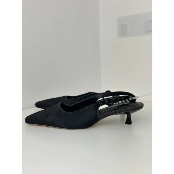 NEW Antonio Melani Kitten Heel Sling Back Black Leather Fur Minimalist US 8 - Image 3