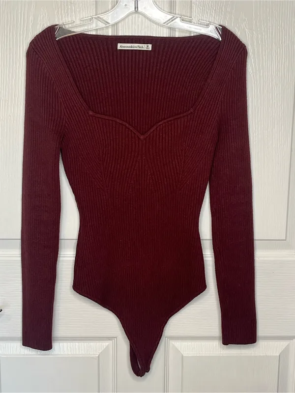 Abercrombie & Fitch Sz M Bodysuit Sweater Sweetheart Neckline Maroon - Image 10