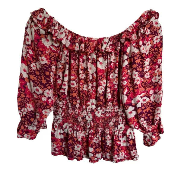 Free‎ People Womens Blouse Size S Sweet Memories 3/4 Sleeve Orange & Pink Floral - Image 6