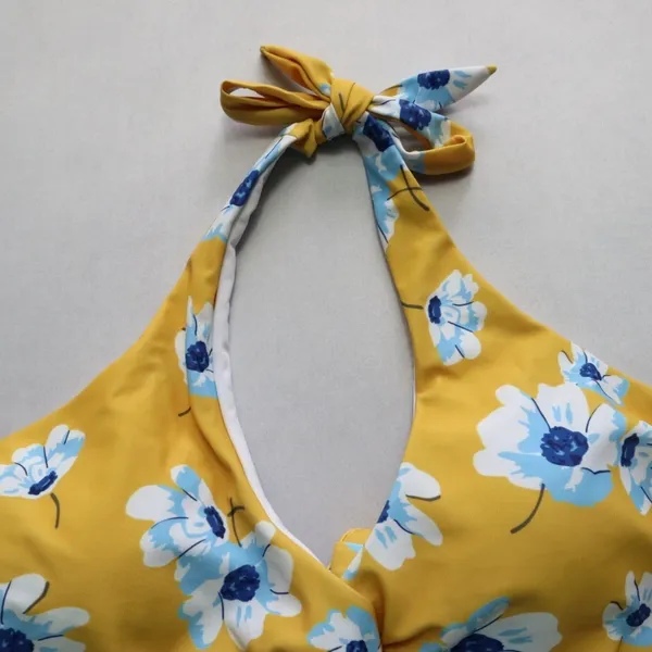Yellow Floral Padded Halter Tie‎ Knot Boho Swim Sports Bra Bikini Top L Large - Image 4