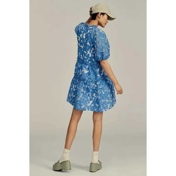 NWT Maeve by Anthropologie Tiered Jacquard Mini in Blue Organza A-line Dress XS - Image 8