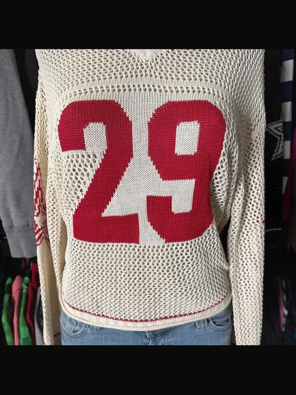 Y2k Graphic Oversized Crochet Jersey Shirt V Neck Long Sleeve Knit Pullover S - Image 7