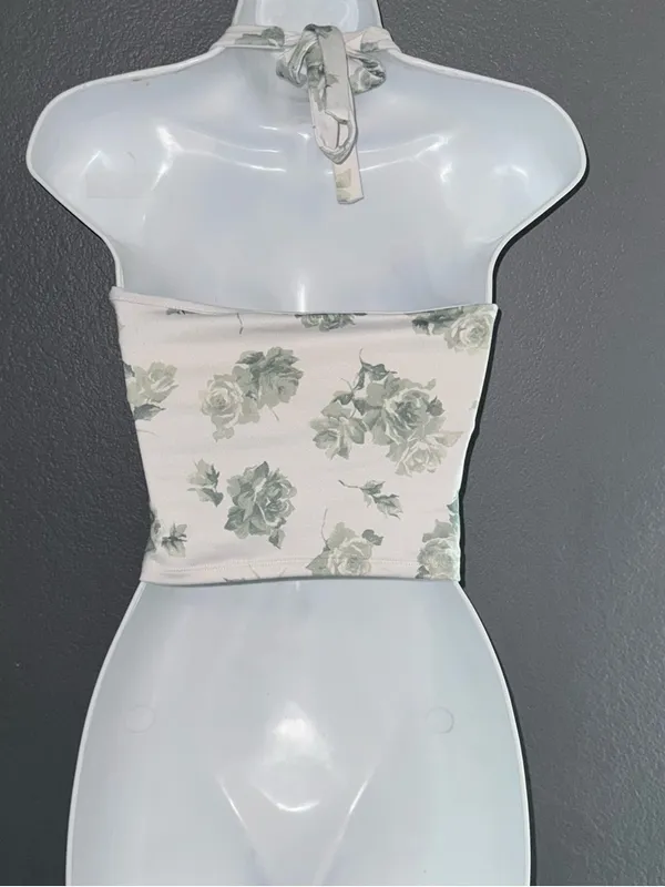 Hollister Womens White & Green Floral Crop Top Halter Tank size Small - Image 6