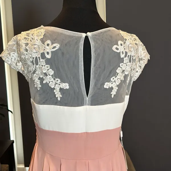Women’s Ivory Lace Top Pink Chiffon V-Neck Cap Sleeves Formal Dress Size 10 NEW - Image 5