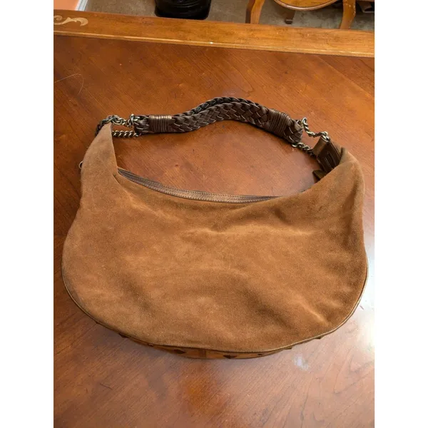Donald Pliner Camel Suede/Metallic Cresent Studded Trim Hobo Purse - Image 3