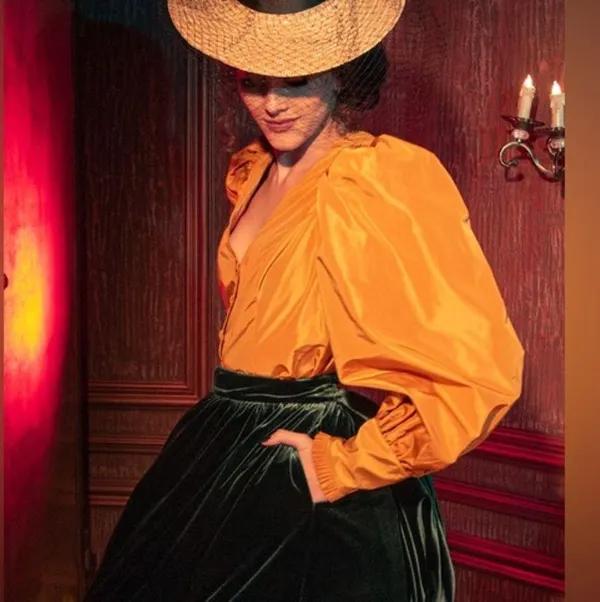 La Femme En Noir Taffeta Edwardian Blouse in Marigold L - Image 3