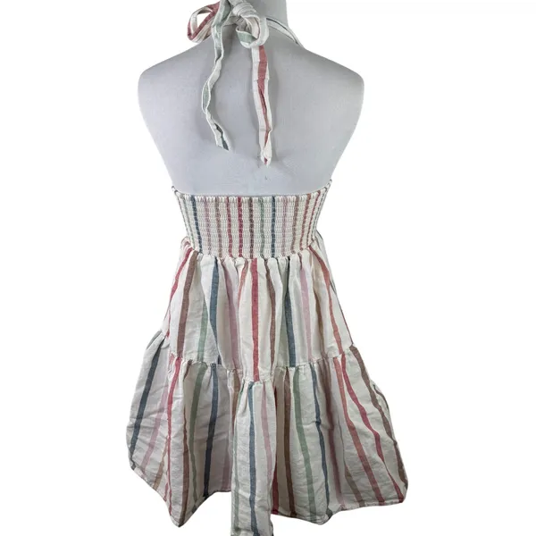 American Eagle Multicolor Striped Halter Tiered Linen Dress Size Small - Image 4